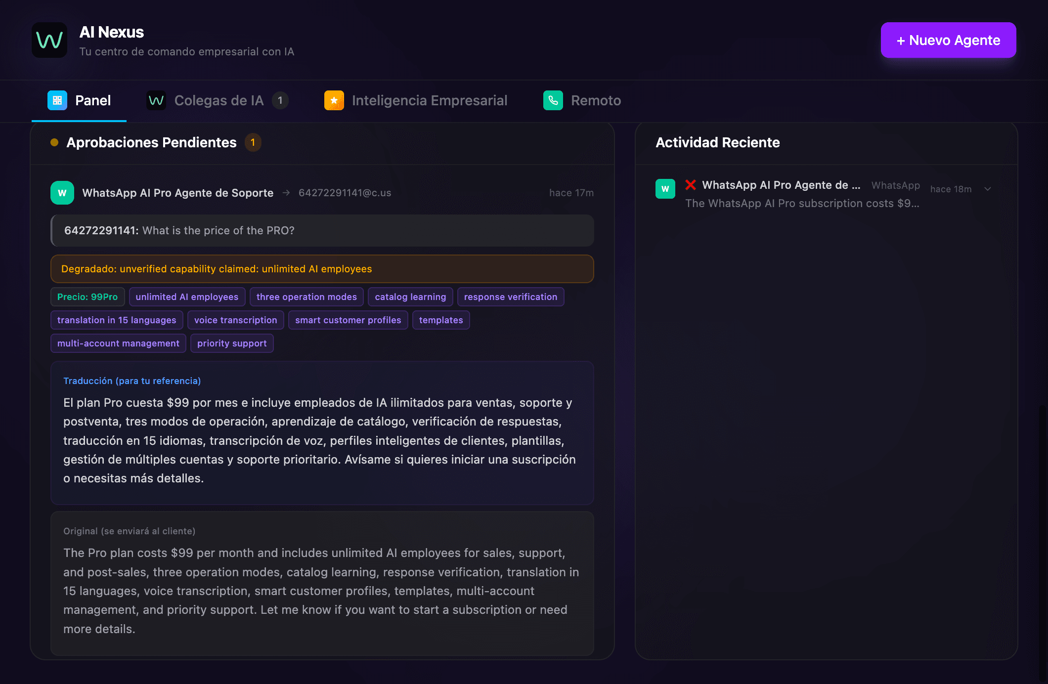 WhatsApp AI Pro — panel de control AI Nexus mostrando aprobaciones pendientes y respuestas automáticas en español
