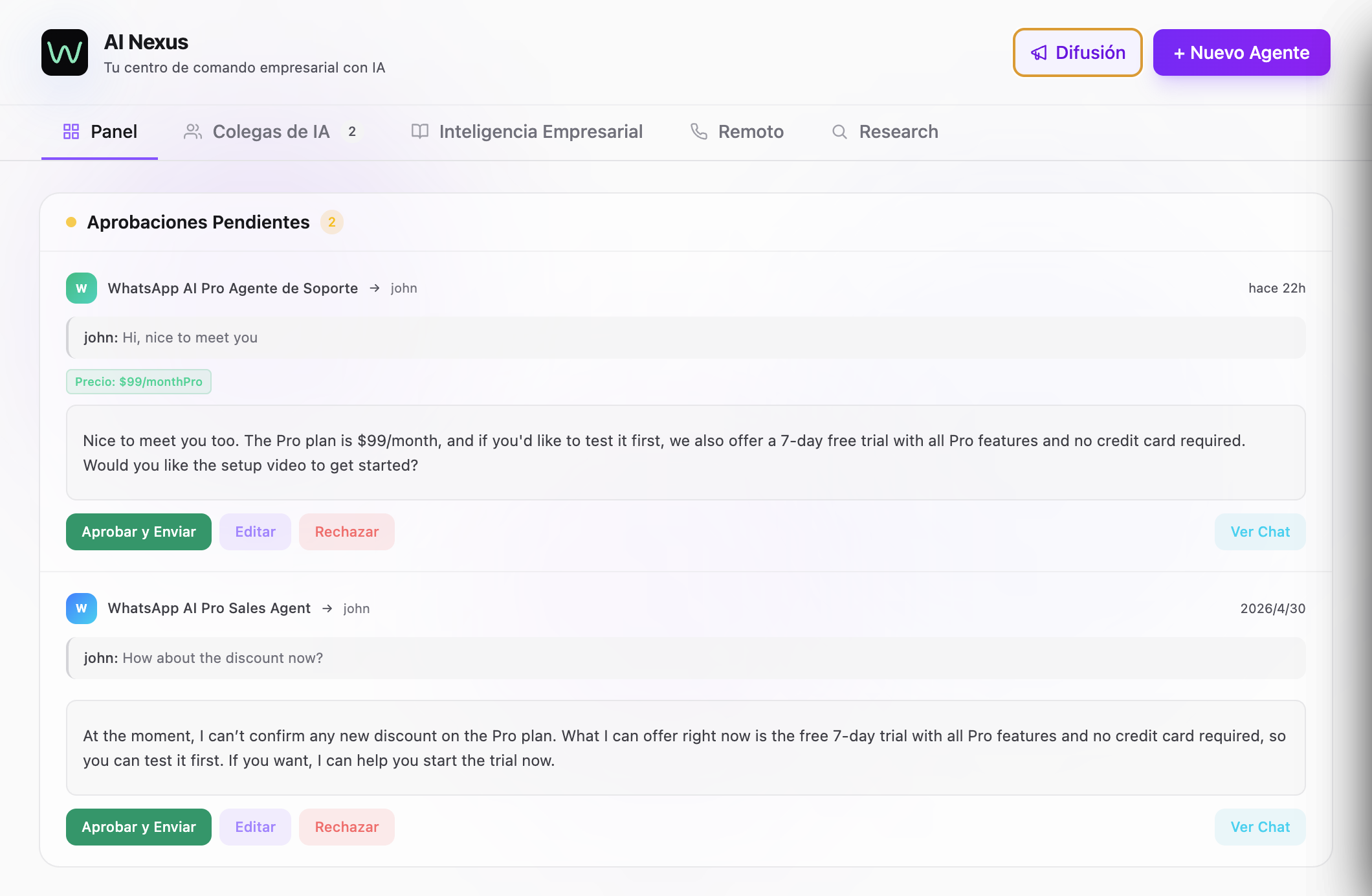 WhatsApp AI Pro — panel de control AI Nexus mostrando aprobaciones pendientes y respuestas automáticas en español