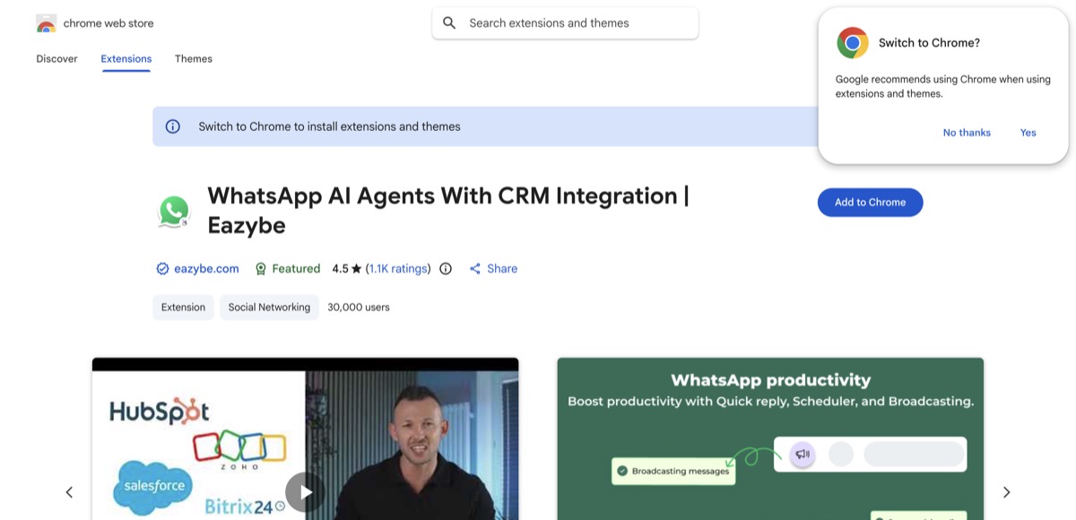 Eazybe listing on the Chrome Web Store showing WhatsApp AI Agents with CRM integration, a 4.5-star rating and 30,000 users