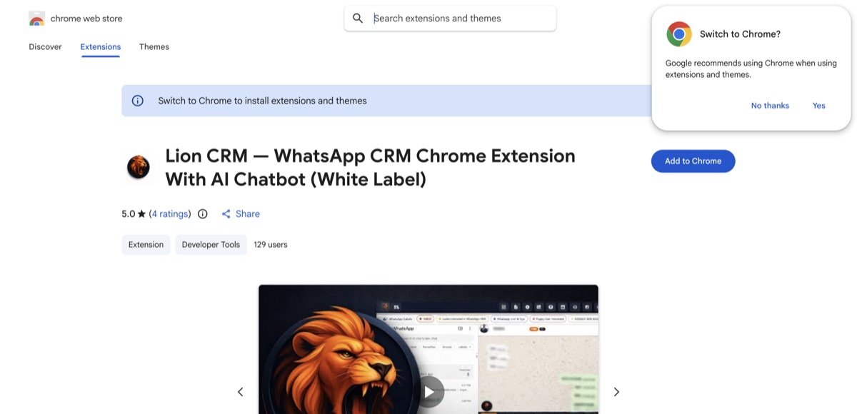 Lion CRM listing on the Chrome Web Store — a WhatsApp CRM extension with AI chatbot, shown with a 5.0-star rating and a small install base