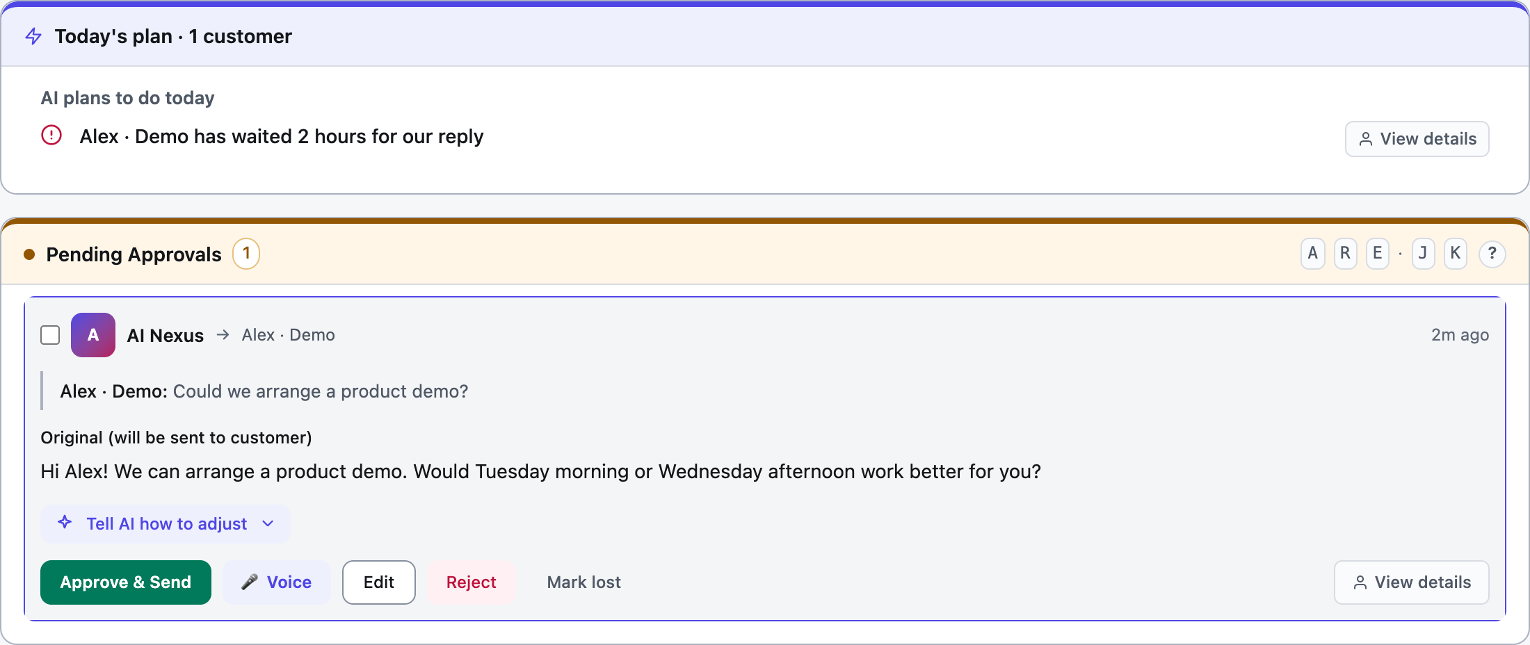 Painel do WhatsApp AI Pro 2.1: o Today's Plan destaca um cliente que espera resposta há duas horas, e Pending Approvals mostra um rascunho do AI Nexus com Approve & Send, Voice, Edit e Reject; interface em inglês