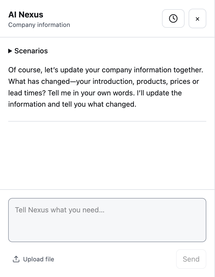 AI Nexus company-information prompt and Upload file button