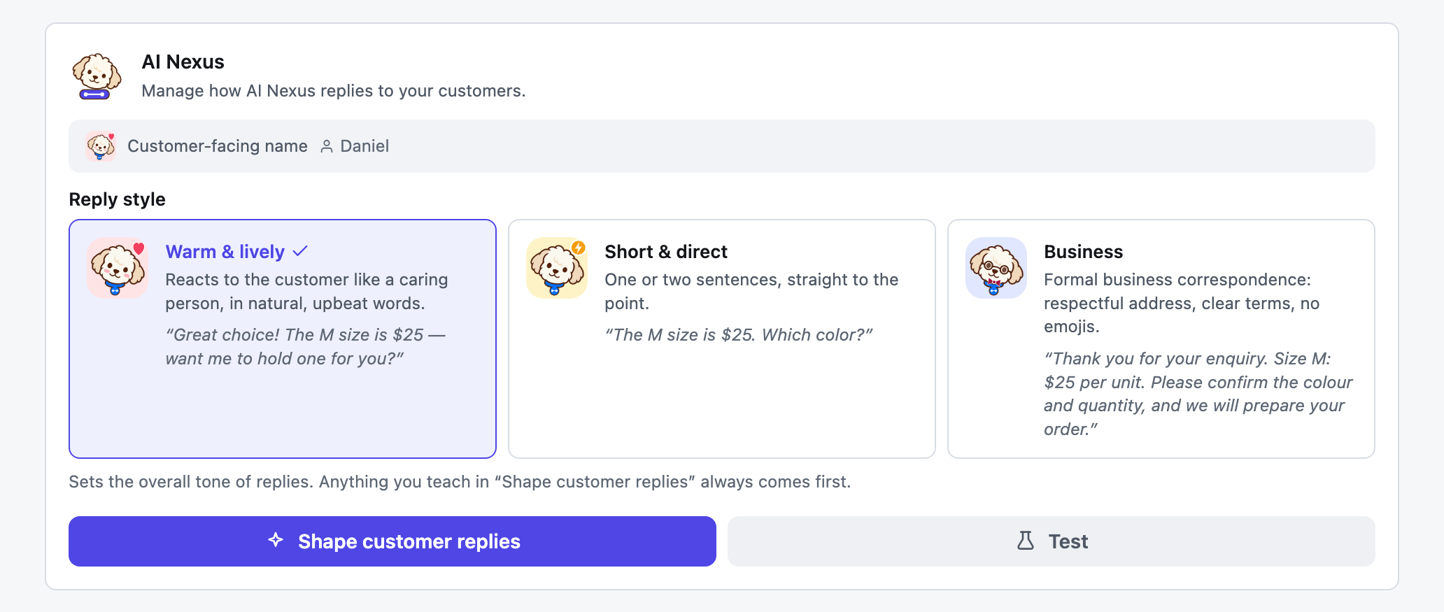Choosing a reply style in Takeover Settings