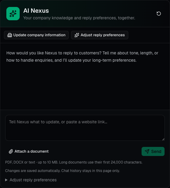 The lightweight Web Nexus conversation for company information and reply preferences